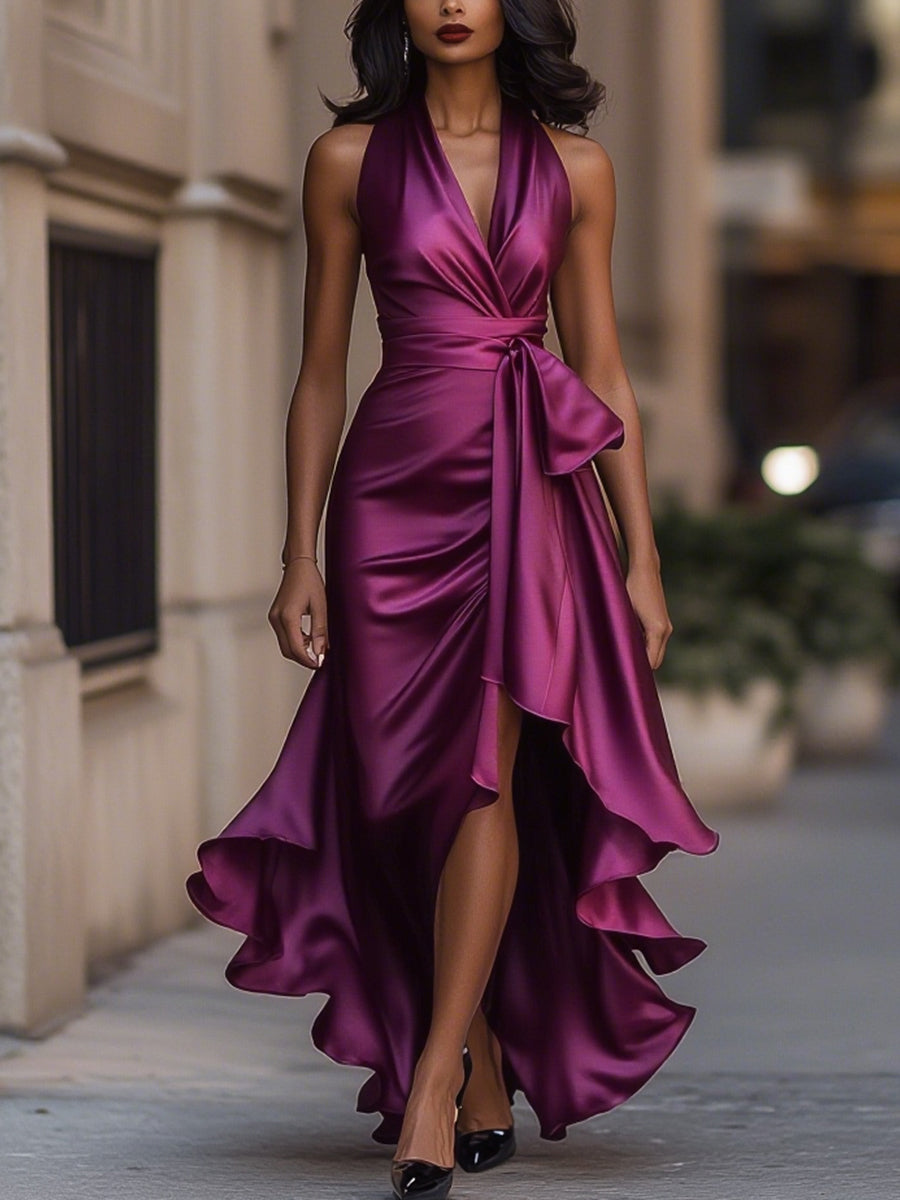 Nova satin halter ruffle gown 18
