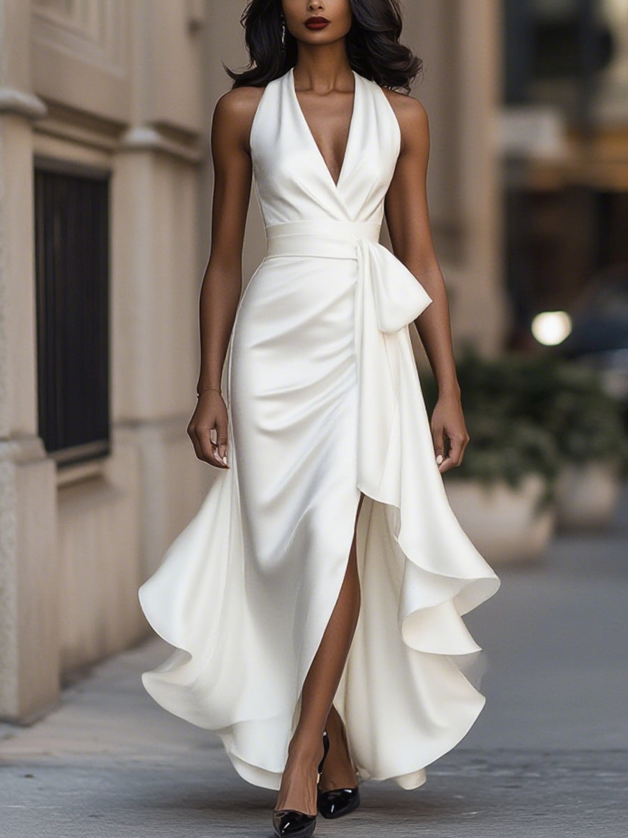 Nova satin halter ruffle gown 16