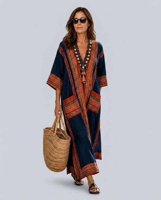 Bridie deep V-neck contrast panel kaftan maxi dress 1